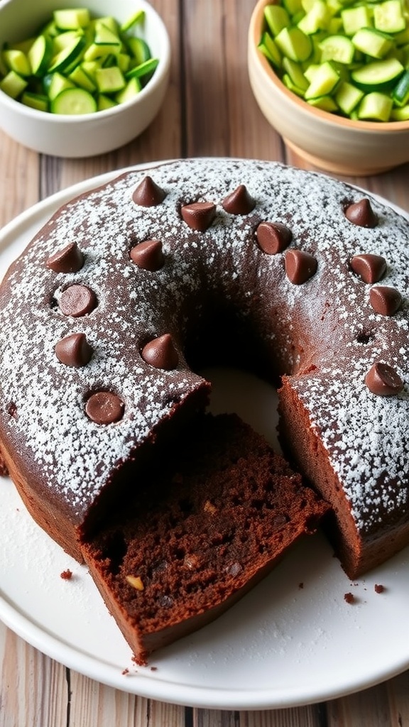 A rich chocolate zucchini cake on a plate, with a slice removed, showcasing its moist texture and chocolate chips.